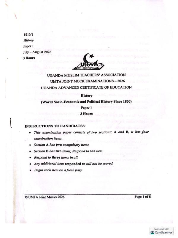 UACE UMTA History Paper One (2026) - Uganda Advanced Certificate of Education