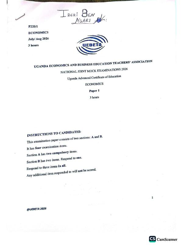 UACE Economics Paper 1 Joint Mock Exam - UEBETA