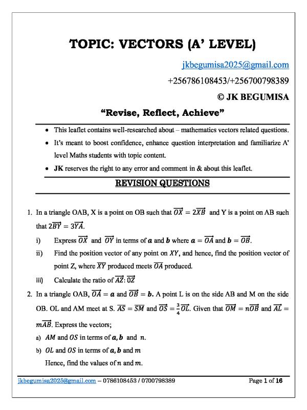 100 A-Level Mathematics Vectors Practice Questions - UNEB S5 & S6