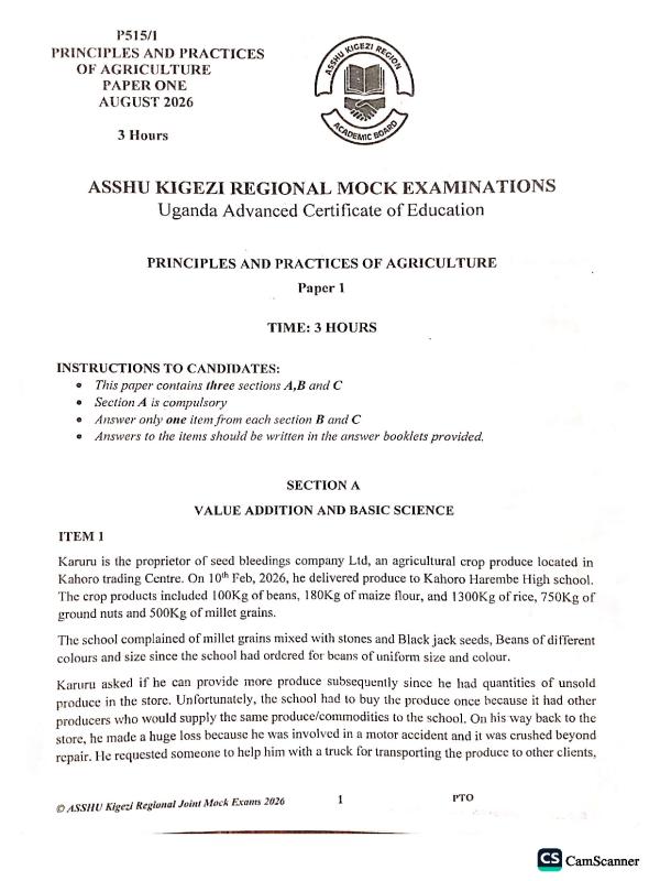ASSHU Kigezi Principles and Practices of Agriculture Mock Examinations 2026