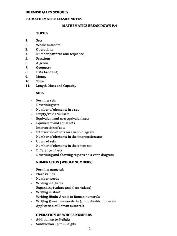 Primary Four (P.4) Mathematics Lesson Notes - Hormisdallen Schools