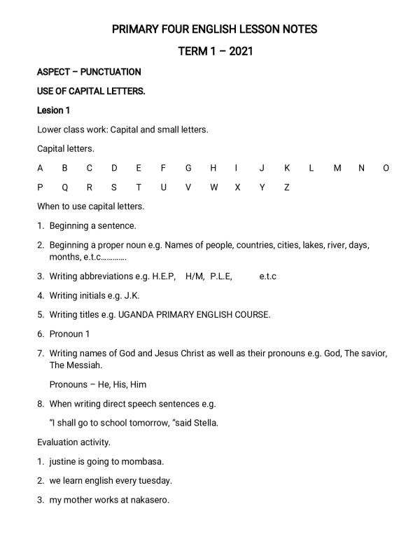 Primary Four English Lesson Notes  Full Year (Term 1-3)