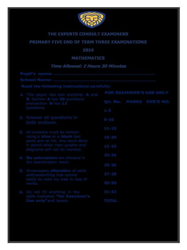 Primary Five Mathematics End of Term 3 Examination Paper 2024