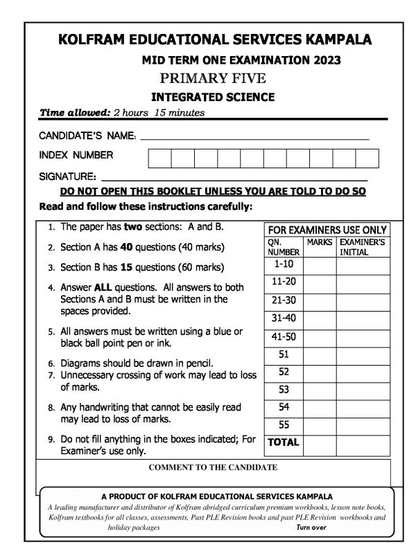 KOLFRAM Primary 5 Science Mid-Term I Examination 2023
