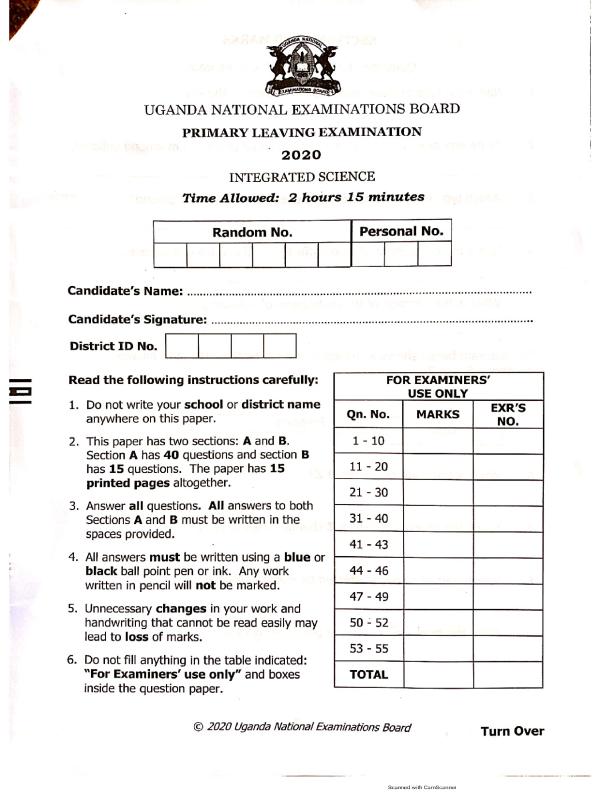 Uganda Primary Seven (P.7) Science PLE Past Paper 2020