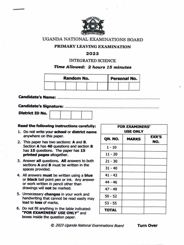 P.7 Science PLE 2023 Past Paper