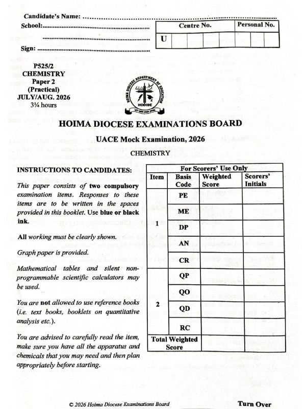 Hoima District UACE Mock Chemistry Exam Paper 2026