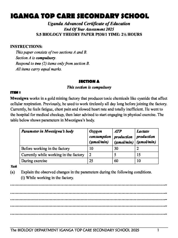 S.5 End of Year Biology Paper 1 (CBC) - Uganda Curriculum