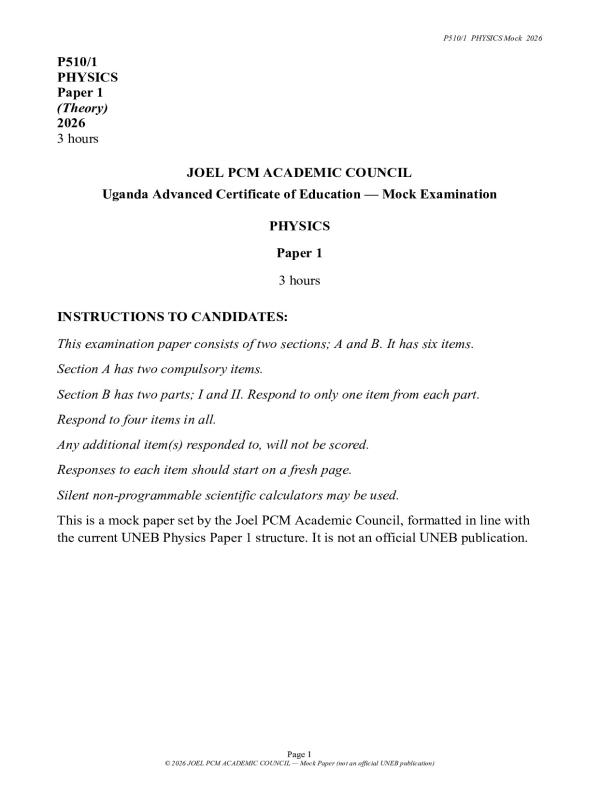 A Level Mathematics Paper 1 Past Paper - Uganda (UNEB)
