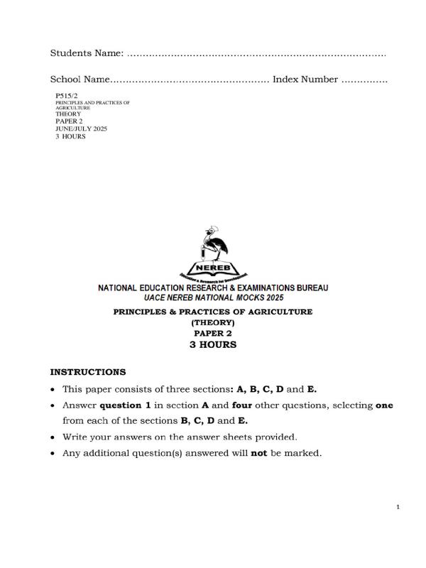 S.6 Agriculture UNEB Mock Exams - Past Papers for Uganda Advanced Certificate of Education