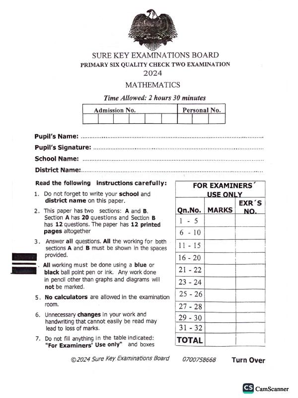 P.6 Mathematics Quality check 2 term 1 2024 Sure key examination board