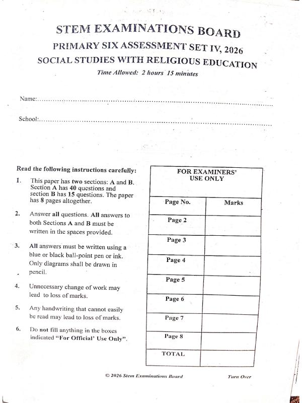P.6 Social studies Assessment set 4  2026 Stem examination board