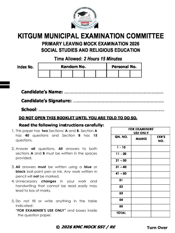 P.7 Social Studies Mock Examination 2026 Kitgum Examination Committee
