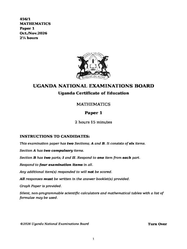 UCE Mathematics (Maths) 2026 Past Paper and Study Guide